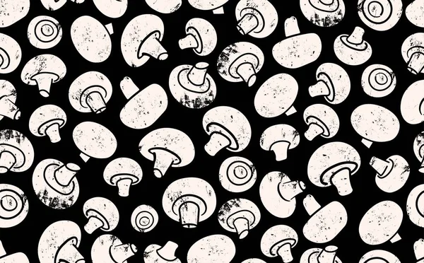 Siyah Arkaplanda Mantarlı Kusursuz Desen. Taze Organik Şampiyonlar 'ın dokusu paket kağıdı, dergi, kart veya sosyal medya, iç dekorasyon ve mağaza reklamlarında başka tasarım olarak kullanılabilir. Vektör illüstrasyonu.