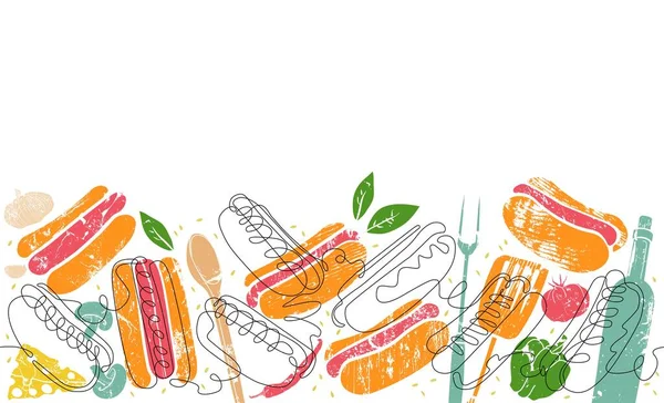 Sosisli, malzemeli ve mutfak aletli kusursuz yatay desen. Fast Food ile sınır. Poster, Banner, Flyer veya sosyal medyada başka bir tasarım, dükkan kimliği, iç dekorasyon, kafe reklamcılığı unsuru olarak kullanılabilir. 