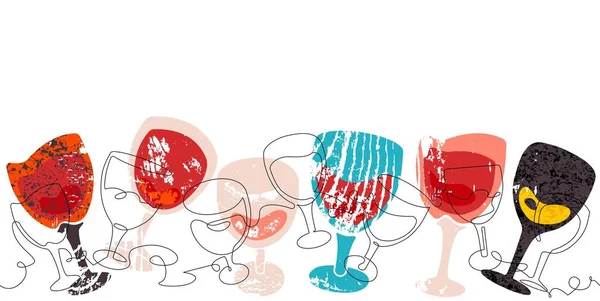 Şarap kadehlerini sürekli çizen bir desen. Vektör İllüstrasyonu. Flyer, Broşür, Poster, Davetiye Kartı, Banner, Menü, Arkaplan, Kenarlık veya diğer tasarım için kullanılabilir. 