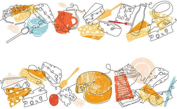 İki üstte ve altta Süt Ürünleri ve aralarındaki yazı için boş alan. Cheeze ile vektör arkaplan. Sınır, Bayrak, Flyer, Doku, Çerçeve, Sosyal Medya Posteri, Dükkan Kimliği, İç Dekorasyon gibi kullanılabilir.