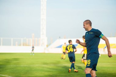 KHARKIV, UKRAINE - 9 Ekim 2020: Ruslan Fomin profesyonel lig FC Energia maçında FC Metal 'in forveti