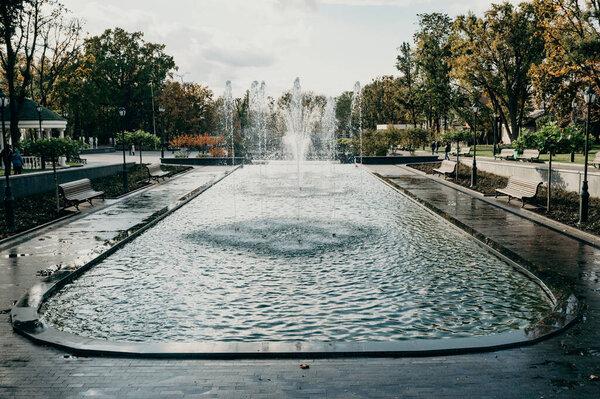 KHARKIV, UKRAINE - OCTOBER 20, 2020: Fountain in the Taras Shevchenko Garden in Kharkov.