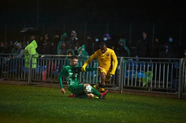 KHARKIV, UKRAINE - 31 Ekim 2020: Ukrayna Profesyonel Futbol Ligi FC Metalisti 1925 Kharkiv FC Obolon Kyiv 'e karşı oynanan futbol maçı