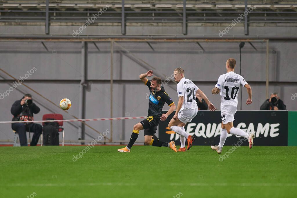 KYIV, UKRAINE - NOVEMBER 4, 2020: UEFA Europa League football match between FC ZORYA LUHANSK and FC AEK ATHENS