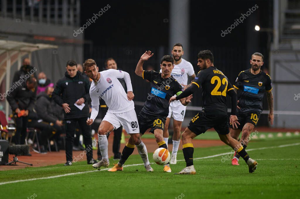 KYIV, UKRAINE - NOVEMBER 4, 2020: UEFA Europa League football match between FC ZORYA LUHANSK and FC AEK ATHENS
