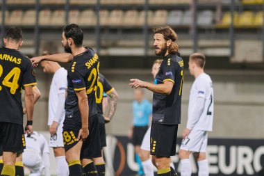 KYIV, UKRAINE - 4 Kasım 2020: Dmytro Chygrynskiy. FC ZORYA LUHANSK ve FC AEK ATHENS arasında oynanan UEFA Avrupa Ligi futbol karşılaşması