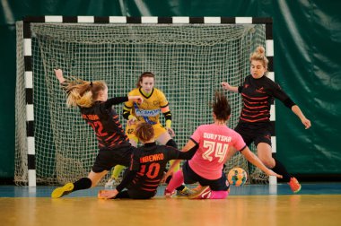 KHARKIV, UKRAINE - NOVEMBER 6, 2020: Futsal. Ukrainian women cup. Tesla vs IMS clipart