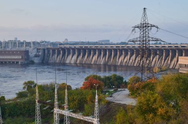 ZAPORIZHZHYA, UKRAINE - NOVEMBER 4, 2020: Dnieper Hydroelectric Station on the river Dnepr.