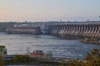 ZAPORIZHZHYA, UKRAINE - NOVEMBER 4, 2020: Dnieper Hydroelectric Station on the river Dnepr.