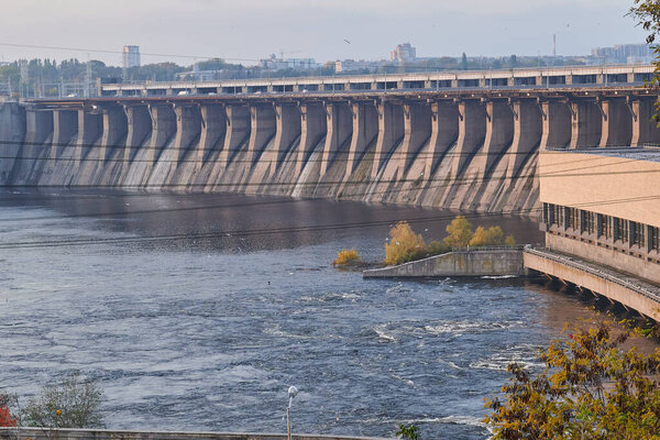 ZAPORIZHZHYA, UKRAINE - NOVEMBER 4, 2020: Dnieper Hydroelectric Station on the river Dnepr.