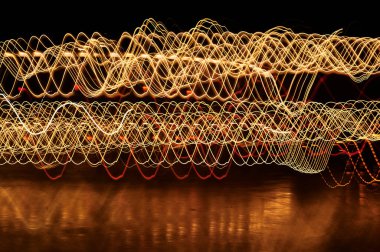 Şehir ışıklarının soyut arkaplanı uzun deklanşör hızıyla yapılmış. Işıklar fotoğraf sanatı.