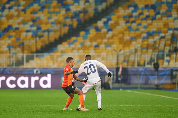 КИЕВ, УКРАИНА - 1 ДЕКАБРЯ 2020: Додо - Винициус - младший. Футбольный матч группы B Лиги чемпионов УЕФА ФК "Шахтер" Донецк - Реал Мадрид 