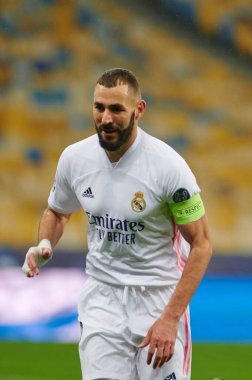 KYIV, UKRAINE 1 Aralık 2020: Karim Benzema. UEFA Şampiyonlar Ligi B Grubunun futbol maçı FC Shakhtar Donetsk - Real Madrid FC 