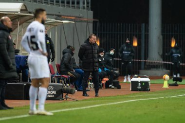 ZAPORIZHZHIA, UKRAINE 03 ARALIK 2020 Brendan Rodgers. UEFA Avrupa Ligi G Grubu FC Zorya Luhansk ile Leicester City FC takımının futbol maçı.