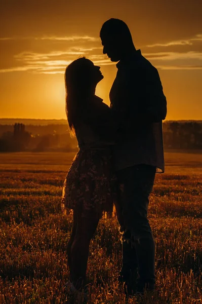 ロマンチックな関係の概念 沈みゆく太陽の光に包まれた野原の幸せなカップルのシルエット — ストック写真