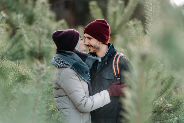 一起去度假年轻的嬉皮士夫妇 女人亲吻鼻子她的男朋友 冬天的爱情故事 一对年轻貌美的夫妇 — 图库照片