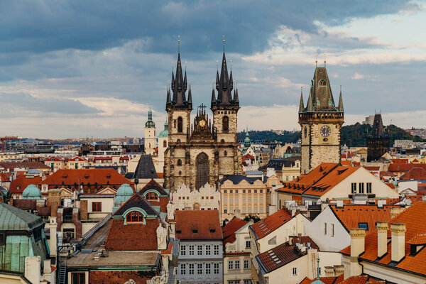 Prague, Czech Republic - September 28, 2015: Church of our lady Tyn, and Powder Tower in Prague. Capital of Czech Republic