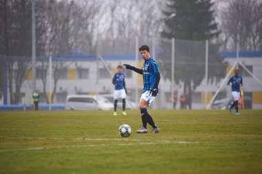 KHARKIV, UKRAINE - 11 Aralık 2019 Davide Ghislandi. Maç U19 UEFA lig şampiyonu Shakhtar - Atalanta Metalist Arena.