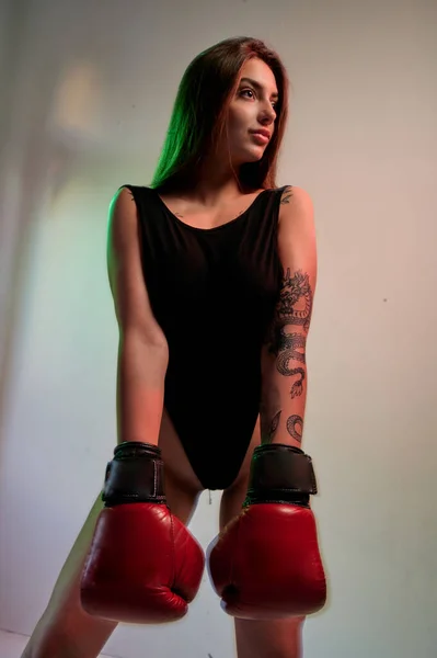 Beautiful Woman Red Boxing Gloves Strength Motivation Boxing Fitness Style — Stock Photo, Image