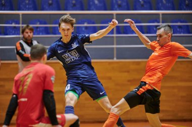 KHARKIV, UKRAINE - 24 Ocak 2021 Ukrayna ExtraLeague Viva Cup Monolit Donbass Energo Trading 'e karşı futsal maçı