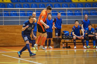 KHARKIV, UKRAINE - 24 Ocak 2021 Ukrayna ExtraLeague Viva Cup Monolit Donbass Energo Trading 'e karşı futsal maçı