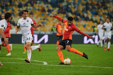 KYIV, UKRAINE - FEBRUARY 25, 2021: Luis Hernandez vs Taison. NSC Olympic. The football match of UEFA Europa League FC Shakhtar - Maccabi Tel Aviv FC