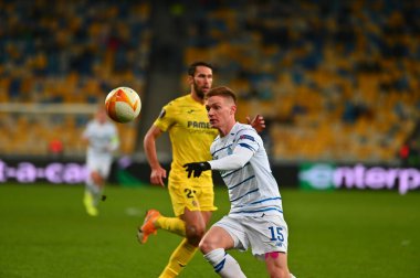 KYIV, UKRAINE - 11 Mart 2021: 15 UEFA Avrupa Ligi Dinamo Kyiv-Villarreal maçında orta saha oyuncusu Viktor Tsygankov