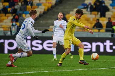 KYIV, UKRAINE - MARCH 11, 2021:14 midfielder Manu Trigueros during the match of UEFA Europa League Dynamo Kyiv vs Villarreal at NSC Olympic in Kyiv