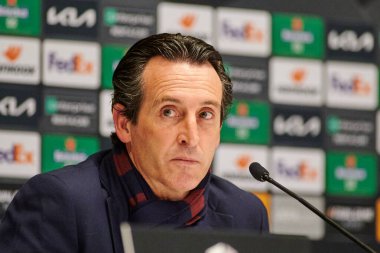 KYIV, UKRAINE - MARCH 11, 2021: Coach Unai Emery during the press conference match of UEFA Europa League Dynamo Kyiv vs Villarreal at NSC Olympic in Kyiv