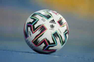 KYIV, UKRAINE - MARCH 28, 2021: Official adidas ball.  The football match of Qualifying round Group D of World Cup 2022 Ukraine vs Finland clipart