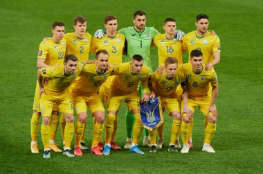 KYIV, UKRAINE - 28 Mart 2021 Ukrayna Milli Takımı. Dünya Kupası D Grubu elemeleri futbol karşılaşması 2022 Ukrayna Finlandiya 'ya karşı.