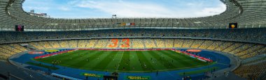 KYIV, UKRAINE - 1 Mayıs 2021: Ulusal Olimpiyat. UPL FC Shakhtar 'ın SC Dnipro-1' e karşı oynadığı futbol maçı