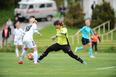 KHARKIV, UKRAINE - MAY 19, 2021: Karina Govorunova. The football match of Ukrainian Cup Zhitlobud-1 - Mariupol without fans.