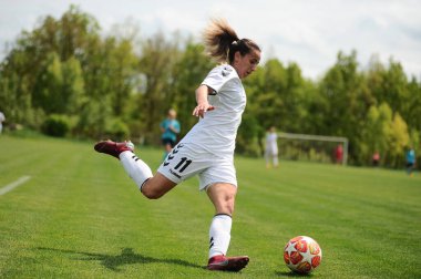KHARKIV, UKRAINE - MAY 19, 2021: Birgul Sadukolu. The football match of Ukrainian Cup Zhitlobud-1 - Mariupol without fans.