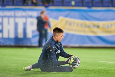 KYIV, UKRAINE - 28 Mart 2021: Anadolu Trubin (23), Kıbrıs 'a karşı Ukrayna futbol karşılaşması 
