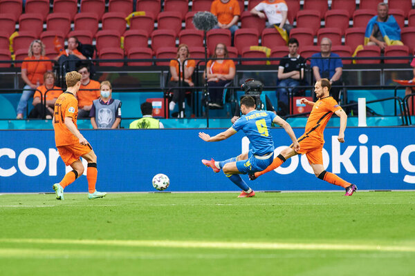 AMSTERDAM, NETHERLANDS - JUNE 13, 2021: Roman Yaremchuk (9) in attack. EURO 2020. The football match Ukraine vs Netherlands