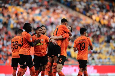 KYIV, UKRAINE - 24 JULY, 2021: players of Shakhtar celebrating goal in the football match of Ukraine Premiere LeagueFC Shakhtar - FC Ingulec