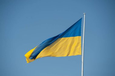 KHARKIV, UKRAINE - 20 Ağustos 2021: Bayrak Günü. Harkiv topraklarında Ukrayna 'nın sarı ve mavi ulusal bayrağı. Ukrayna 'nın en büyük bayrağı.