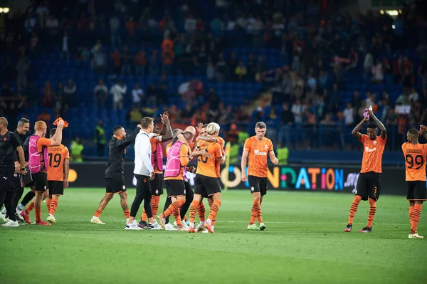 Kharkiv Ucrânia Agosto 2021 Jogadores Shakhtar Comemoram Vitória Play Liga — Fotografia de Stock