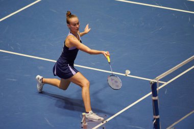 KHARKIV, UKRAINE - 10 Eylül 2021: Victor Uluslararası Kupası badminton maçı sırasında Polina Buhrova