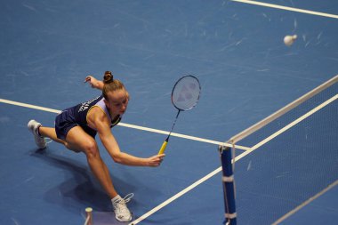 KHARKIV, UKRAINE - 10 Eylül 2021: Victor Uluslararası Kupası badminton maçı sırasında Polina Buhrova