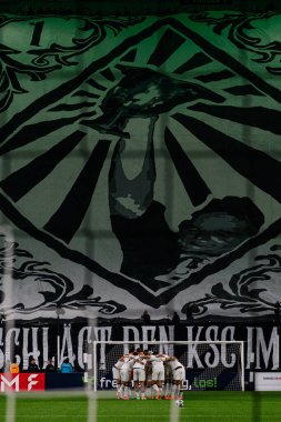 MOENCHENGLADBACH, GERMANY - 28 Ekim 2025: Koreografi - Almanya Kupası DFB Pokal Borussia Moenchengladbach-Karlsruher SC maçı Borussia Park 'ta.