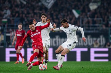 MoENCHENGLADBACH, GERMANY - 8 NOVEMBER, 2025: El Mala, Philipp Sander, Joe Scally - Bundesliga Borussia Moenchengladbach - 1. FC Koeln Borussia Parkı 'nda. 