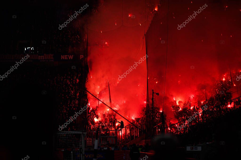 MOENCHENGLADBACH, GERMANY - 8 NOVEMBER, 2025: Choreography, fire, perfomans, fans - The football match of Bundesliga Borussia Moenchengladbach vs 1. FC Koeln at Borussia Park.