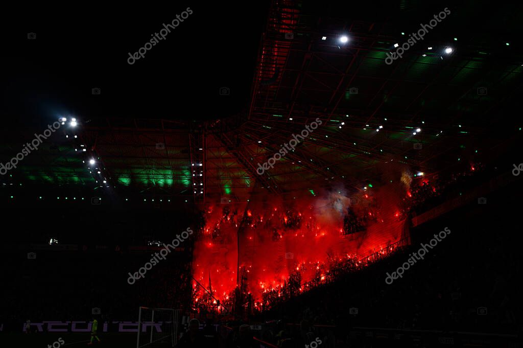 MOENCHENGLADBACH, GERMANY - 8 NOVEMBER, 2025: Choreography, fire, perfomans, fans - The football match of Bundesliga Borussia Moenchengladbach vs 1. FC Koeln at Borussia Park.