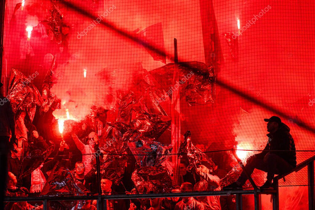 MOENCHENGLADBACH, GERMANY - 8 NOVEMBER, 2025: Choreography, fire, perfomans, fans - The football match of Bundesliga Borussia Moenchengladbach vs 1. FC Koeln at Borussia Park.