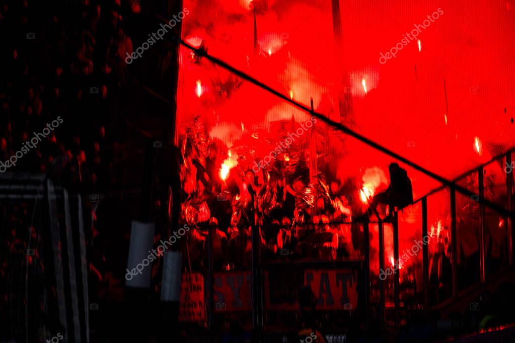 MOENCHENGLADBACH, GERMANY - 8 NOVEMBER, 2025: Choreography, fire, perfomans, fans - The football match of Bundesliga Borussia Moenchengladbach vs 1. FC Koeln at Borussia Park.