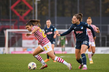 COLOGNE, GERMANY - 9 Kasım 2025: Valesca Ampoor, Martyna Wiankowska - Frauen Bundesliga 1 'in futbol maçı. FC Koeln, Franz Kremer Stadyumu 'nda TSG Hoffenheim' a karşı.. 