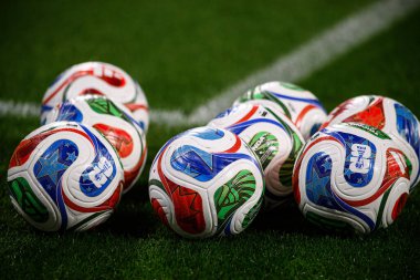 LEIPZIG, GERMANY - 17 Kasım 2025: Toplar, adidas, FIFA 2026 - Dünya Kupası eleme karşılaşması Almanya ile Slovakya arasında Red Bull Arena 'da.