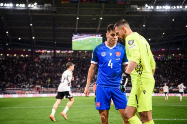 LEIPZIG, GERMANY - 17 Kasım 2025: Adam Obert, Martin Dubravka - Dünya Kupası eleme karşılaşması Almanya ile Slovakya arasında Red Bull Arena 'da.